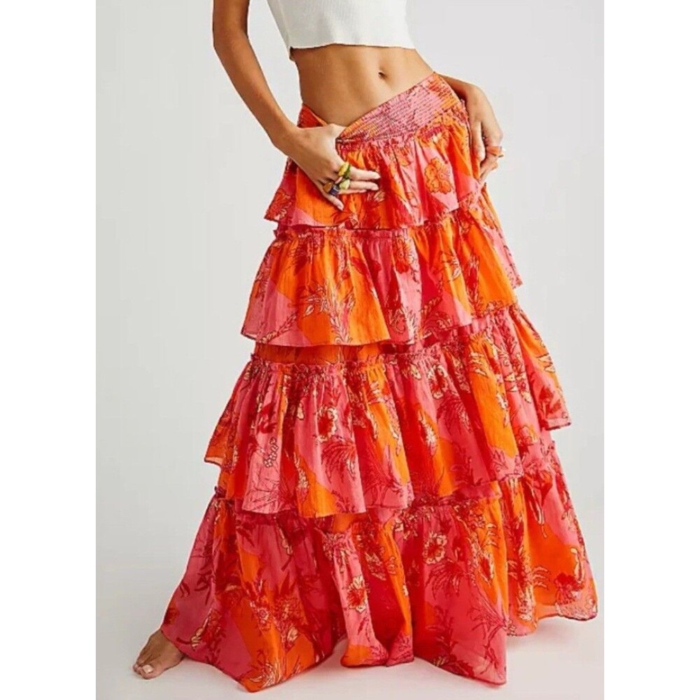 Free People Maxi Skirt Orange Floral Brynn Preppy Boho Vacay Resort Medium New